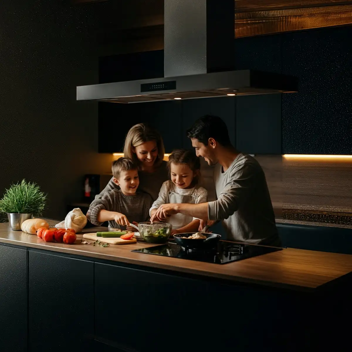 Cocina de diseño a medida con isla central, amoblamientos en madera natural y gabinetes en negro mate.